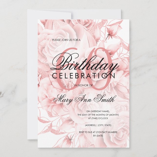 Elegant 60th Birthday Party Floral Rose Gold  Invitation (Front)