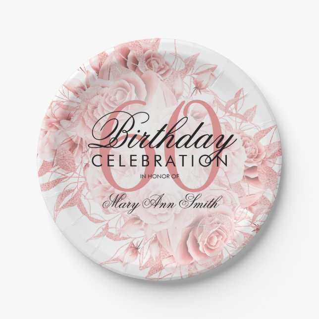 Elegant 60th Birthday Party Floral Rose Gold  Paper Plate (Front)