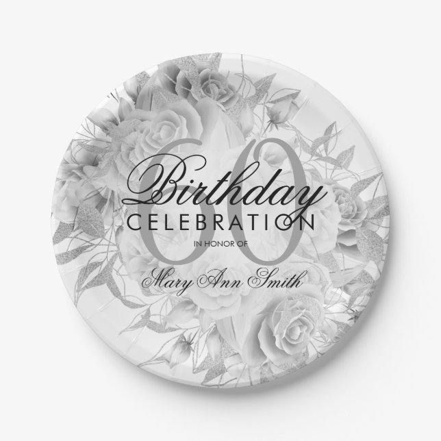 Elegant 60th Birthday Party Floral Silver White Paper Plate (Front)