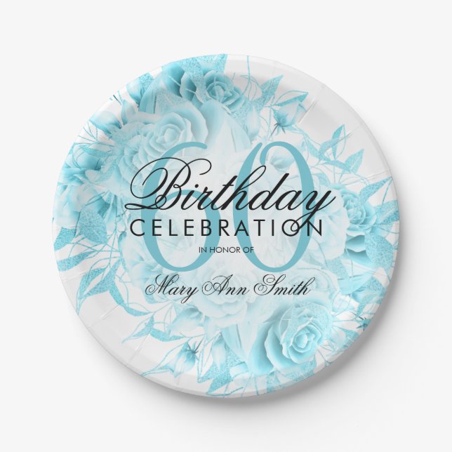 Elegant 60th Birthday Party Floral Teal  Paper Plate (Front)