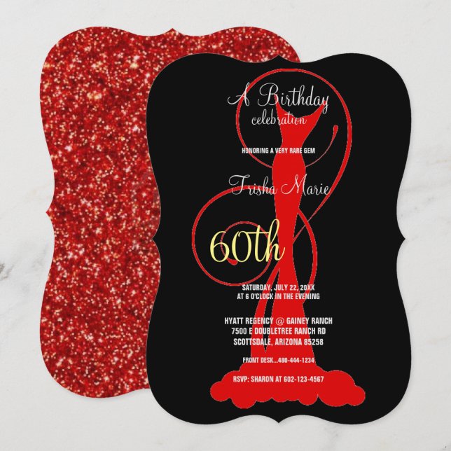 Elegant 60th Birthday Party Formal Red Dress  Invitation (Front/Back)