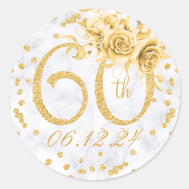 Elegant 60th Birthday Party Glam Marble Gold Classic Round Sticker (Front)