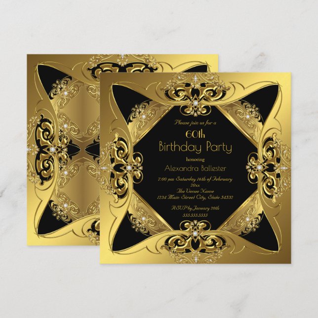 Elegant 60th Birthday Party Gold Black Diamond Invitation (Front/Back)