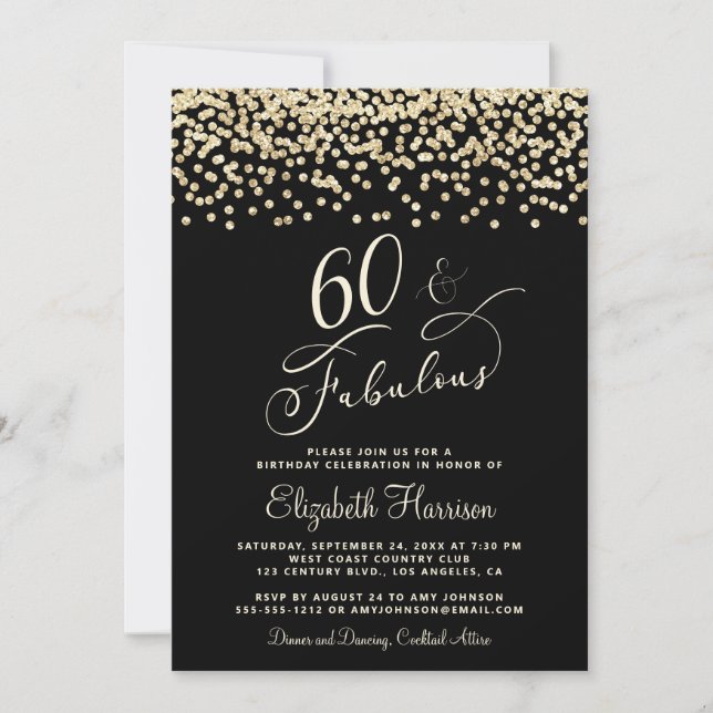 Elegant 60th Birthday Party Gold Glitter Black Invitation (Front)