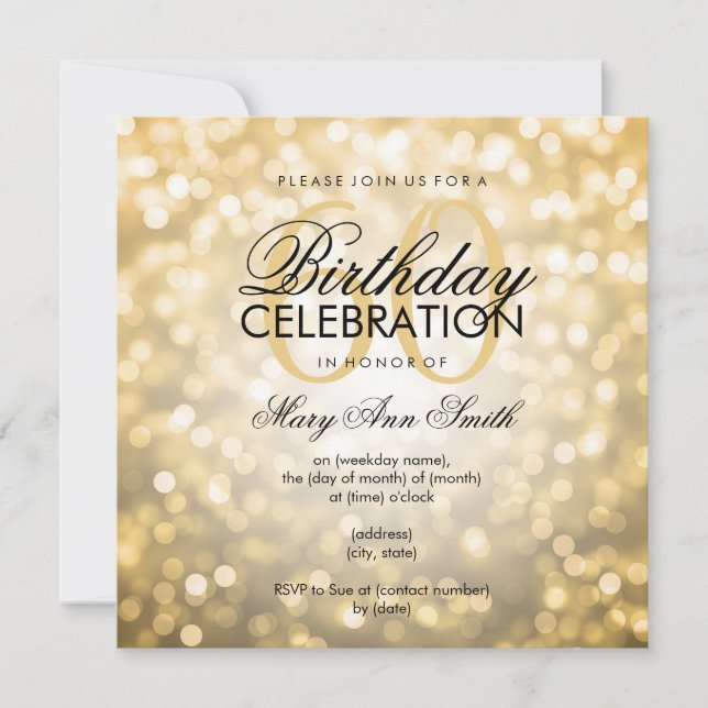Elegant 60th Birthday Party Gold Glitter Lights Invitation (Front)