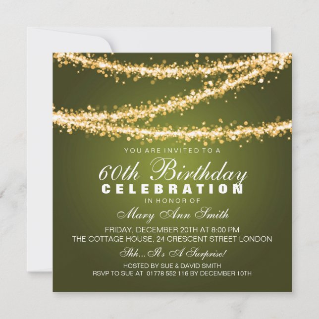Elegant 60th Birthday Party Green String Lights Invitation (Front)