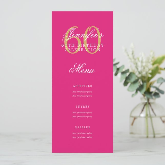 Elegant 60th Birthday Party Menu Gold Hot Pink  Invitation (Standing Front)