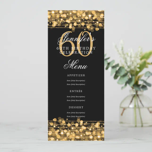 Elegant 60th Birthday Party Menu Gold Lights Invitation | Zazzle