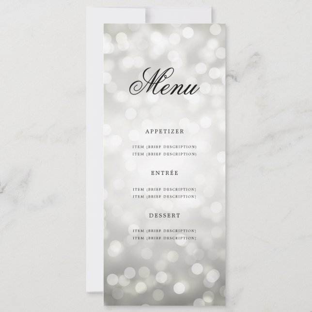 Elegant 60th Birthday Party Menu Silver Bokeh Invitation (Back)