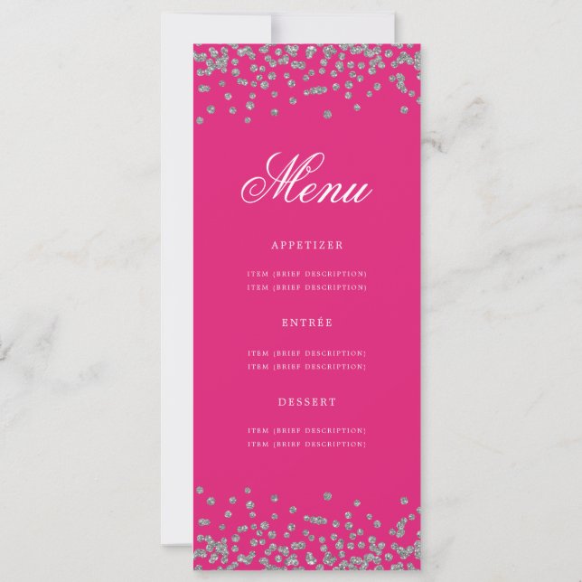 Elegant 60th Birthday Party Menu Silver Hot Pink  Invitation (Back)