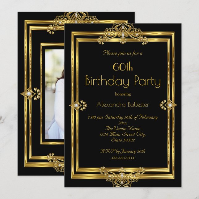 Elegant 60th Birthday Party Photo Black Gold Gems Invitation (Front/Back)