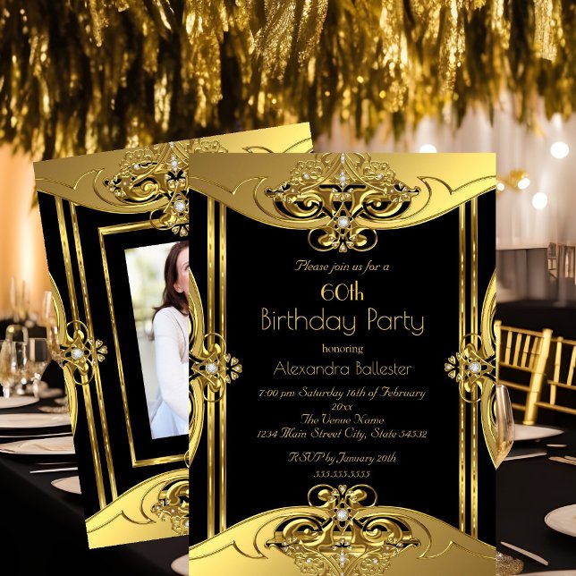 Elegant 60th Birthday Party Photo Gold Black Invitation (Creator Uploaded)