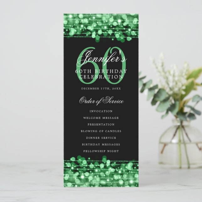 Elegant 60th Birthday Party Program Green Menu Invitation (Standing Front)