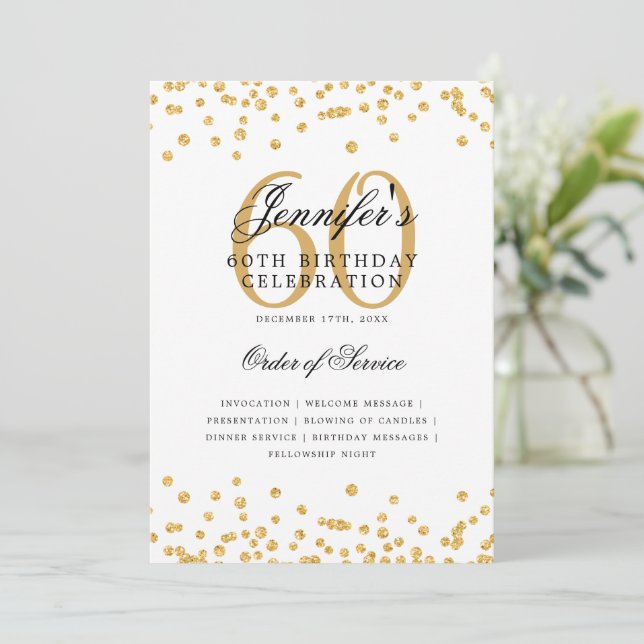 Elegant 60th Birthday Party Program Menu Gold  Invitation (Standing Front)