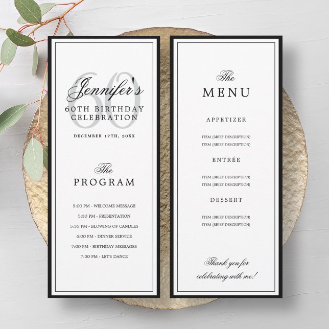 Elegant 60th Birthday Party Program + Menu  Invitation (Elegant 60th Birthday Party Program + Menu)