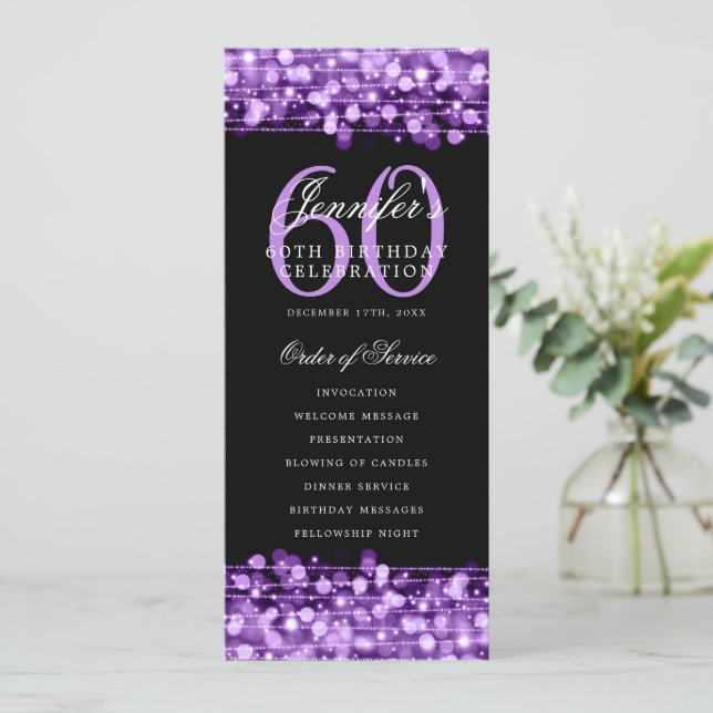 Elegant 60th Birthday Party Program Purple Menu Invitation (Standing Front)