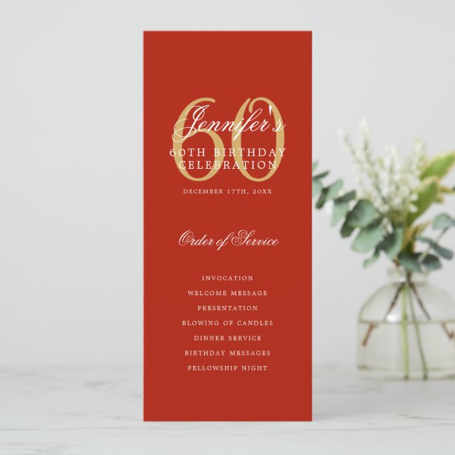 Elegant 60th Birthday Party Program Red Gold  Invitation (Standing Front)