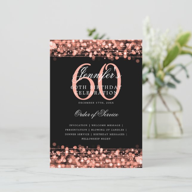 Elegant 60th Birthday Party Program Rose Gold Menu Invitation (Standing Front)