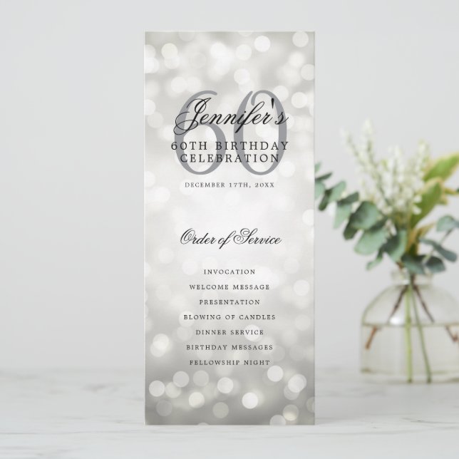 Elegant 60th Birthday Party Program Silver Bokeh Invitation (Standing Front)