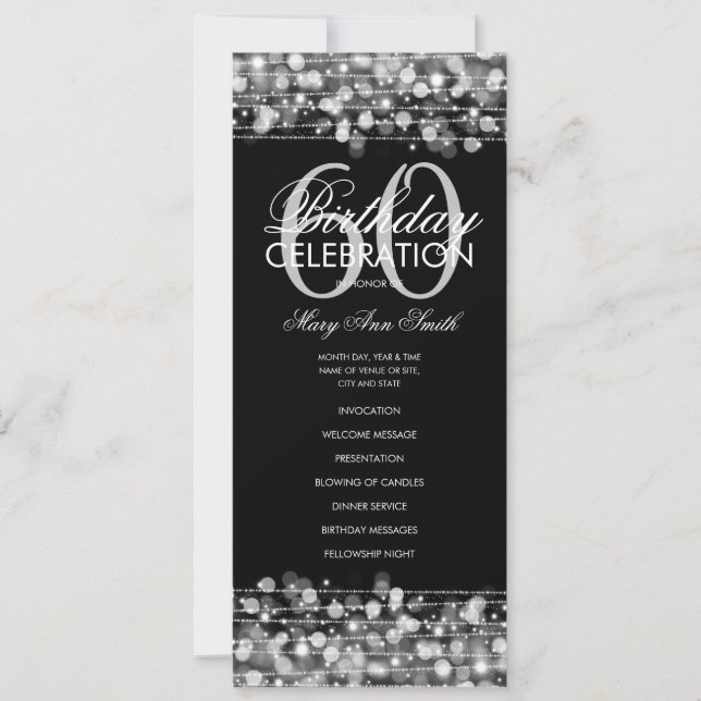 Elegant 60th Birthday Party Program Silver w/ Menu Invitation (Front)