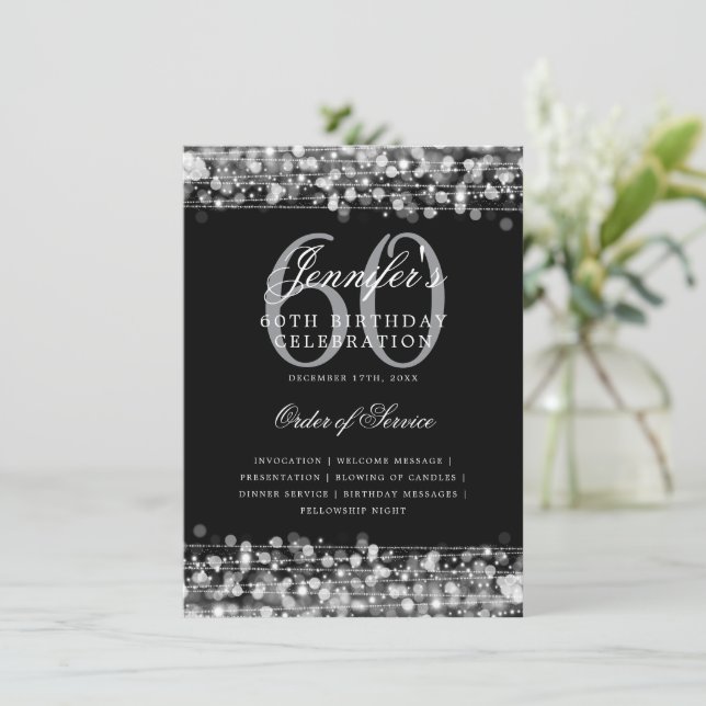 Elegant 60th Birthday Party Program Silver w/ Menu Invitation (Standing Front)