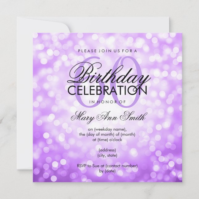 Elegant 60th Birthday Party Purple Glitter Lights Invitation (Front)
