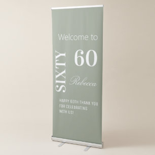 Elegant 60th Birthday Party Sage & White Backdrop Retractable Banner