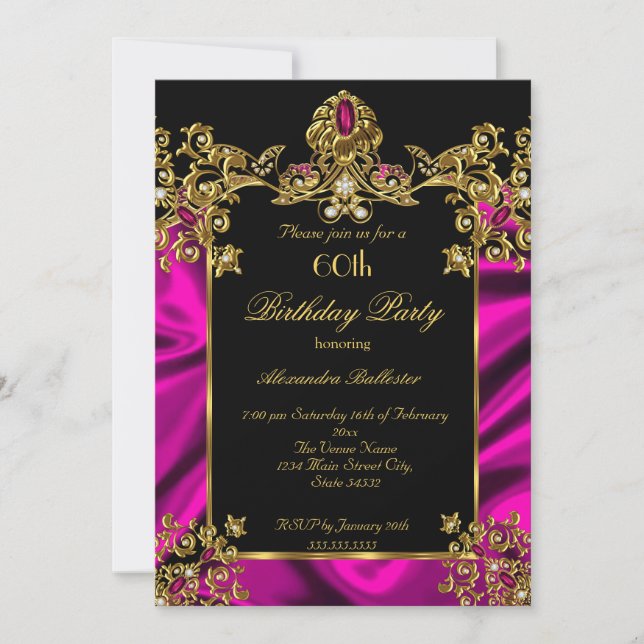 Elegant 60th Birthday Party Silk Rich Pink Gold Invitation (Front)