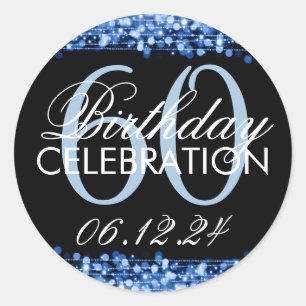 Elegant 60th Birthday Party Sparkles Blue Classic Round Sticker