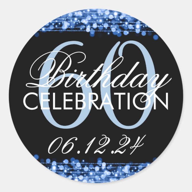 Elegant 60th Birthday Party Sparkles Blue Classic Round Sticker (Front)