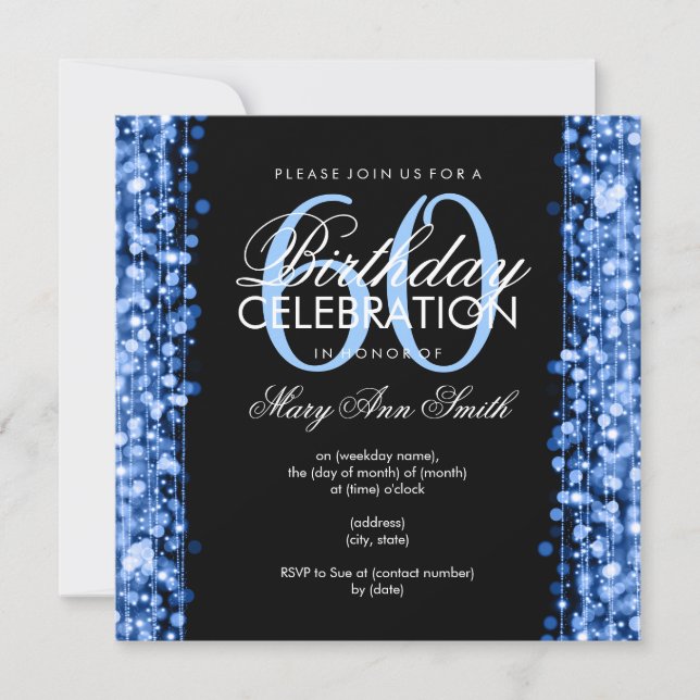 Elegant 60th Birthday Party Sparkles Blue Invitation (Front)
