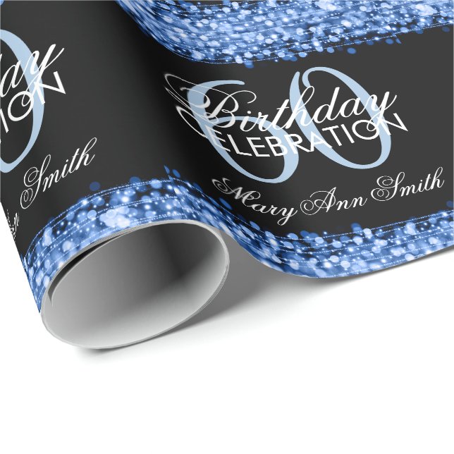 Elegant 60th Birthday Party Sparkles Blue Wrapping Paper (Roll Corner)
