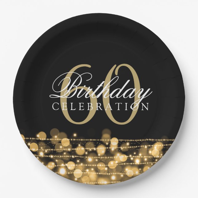 Elegant 60th Birthday Party Sparkles Gold Paper Plate (Front)