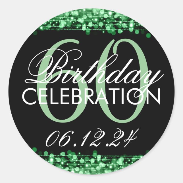 Elegant 60th Birthday Party Sparkles Green Classic Round Sticker (Front)