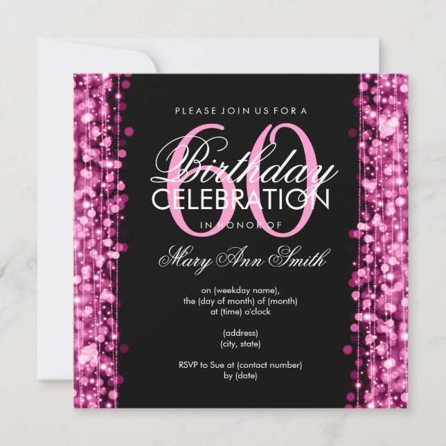 Elegant 60th Birthday Party Sparkles Pink Invitation (Front)