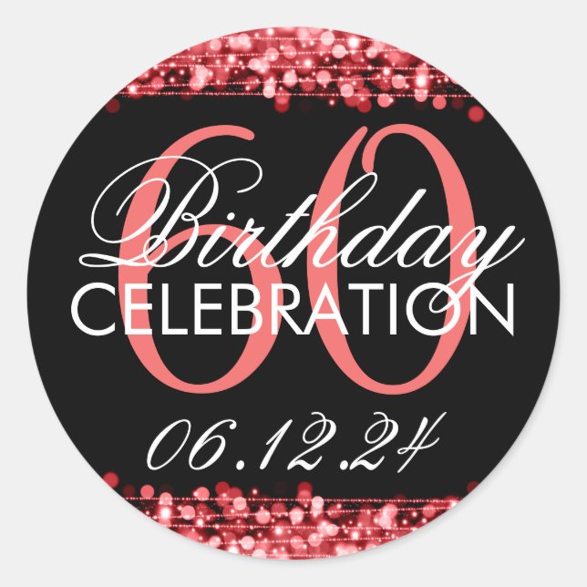 Elegant 60th Birthday Party Sparkles Red Classic Round Sticker (Front)