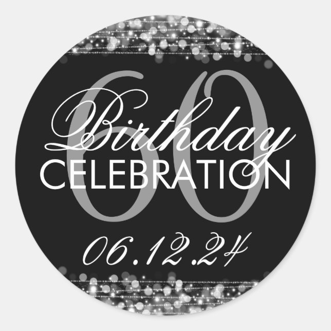 Elegant 60th Birthday Party Sparkles Silver Classic Round Sticker (Front)