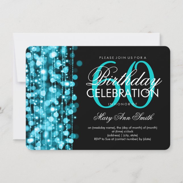 Elegant 60th Birthday Party Sparkles Turquoise Invitation (Front)