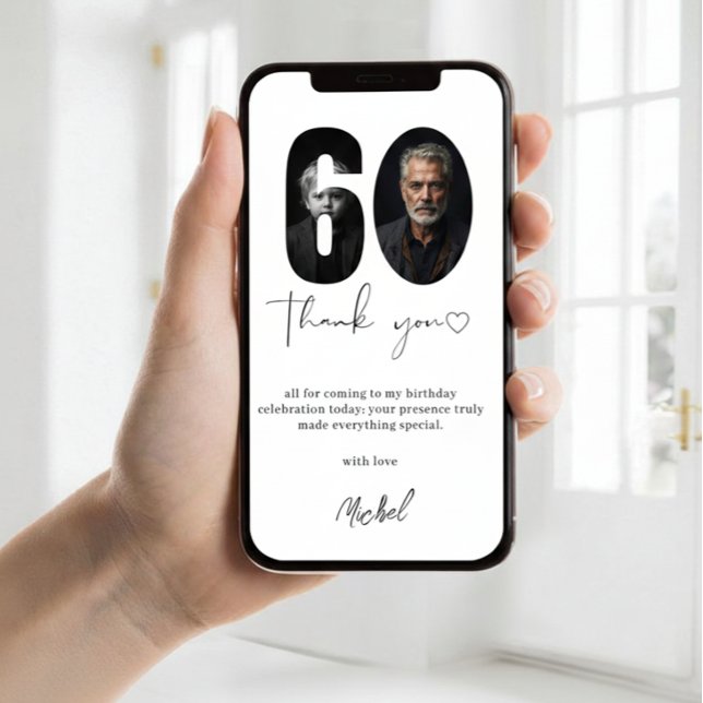 Elegant 60th Birthday Photo Thank You Card Persona (Creator Uploaded)