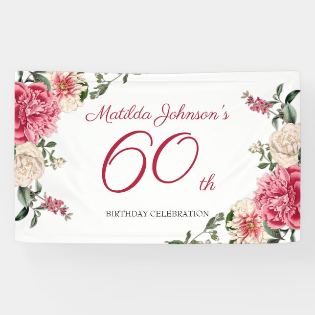 Elegant 60th Birthday Pink White Floral Botanical  Banner (Horizontal)