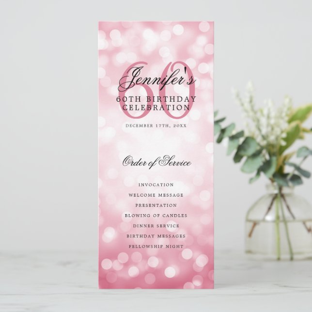Elegant 60th Birthday Program Blush Pink Bokeh Invitation (Standing Front)