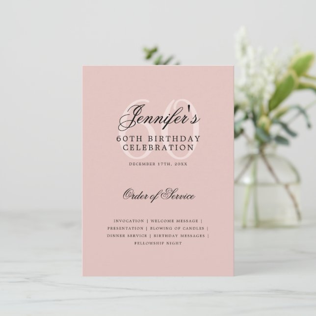 Elegant 60th Birthday Program Blush Pink Menu  Invitation (Standing Front)