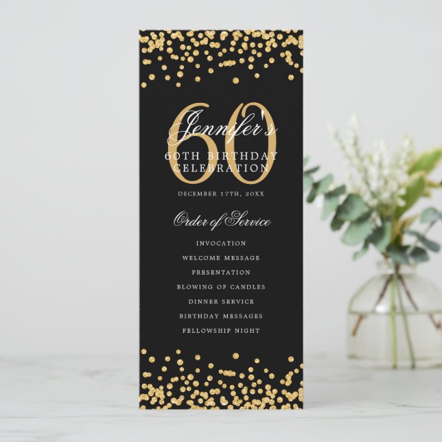 Elegant 60th Birthday Program Gold Black Confetti Invitation (Standing Front)