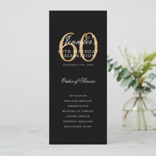 Elegant 60th Birthday Program Gold Black Thank You Invitation (Standing Front)