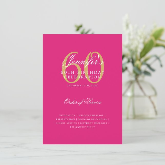 Elegant 60th Birthday Program Gold Hot Pink Menu Invitation (Standing Front)
