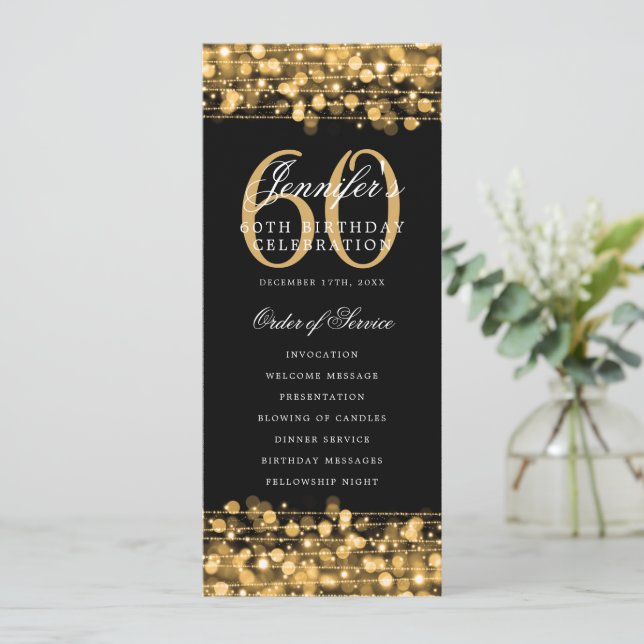Elegant 60th Birthday Program Gold Menu+Thank You Invitation (Standing Front)