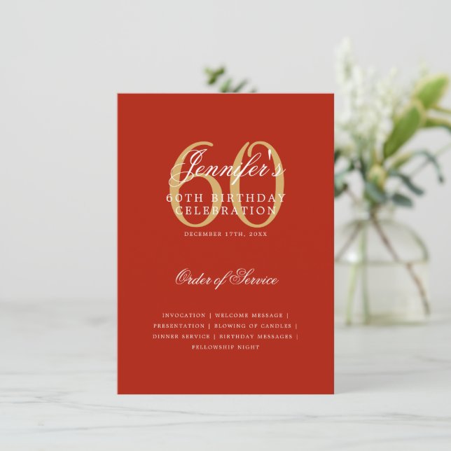 Elegant 60th Birthday Program Gold Red Menu Invitation (Standing Front)