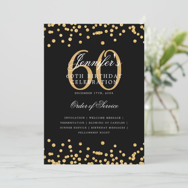 Elegant 60th Birthday Program Menu Gold Black Invitation (Standing Front)