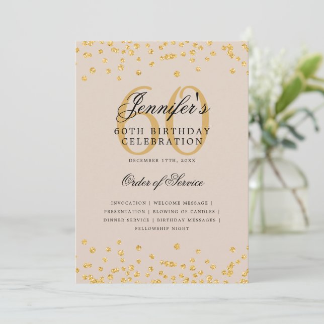 Elegant 60th Birthday Program Menu Gold Champagne Invitation (Standing Front)