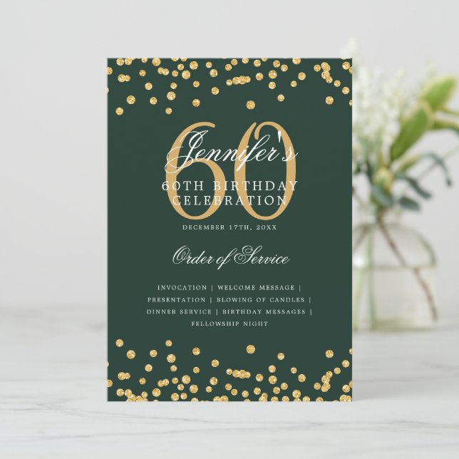 Elegant 60th Birthday Program Menu Gold Green Invitation (Standing Front)